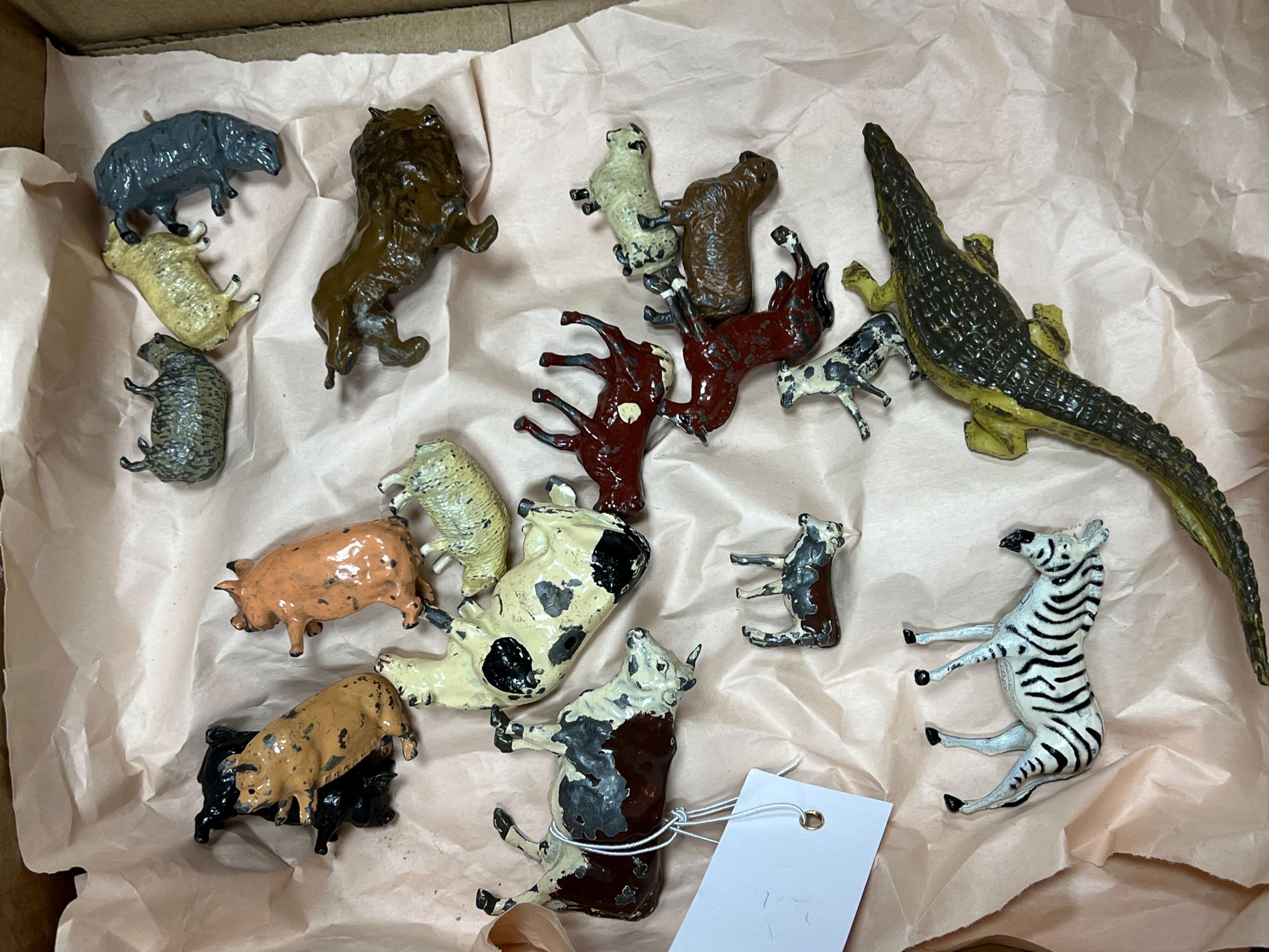 Britain's Farm and Zoo services, pre-war, an assortment, including crocodile, lion and zebra and Hugar painted wooden stable (60)